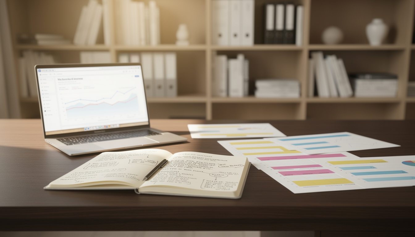 Mesa de análisis editorial con notas y pantalla mostrando gráficos de tráfico web
