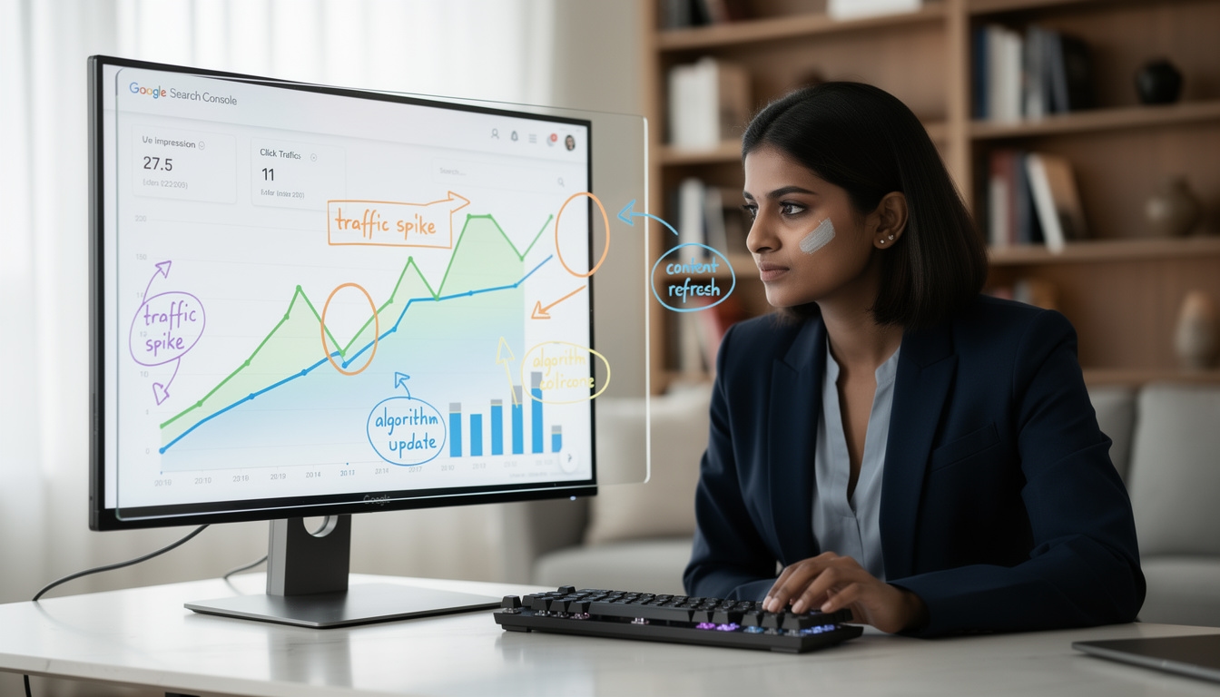 Pantalla de Search Console mostrando curva de tráfico con anotaciones de análisis